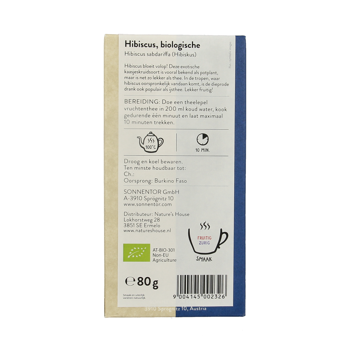 Sonnentor organic hibiscus tea loose leaf in an 80g package, vibrant red hibiscus flowers and tea leaves in a clear container.