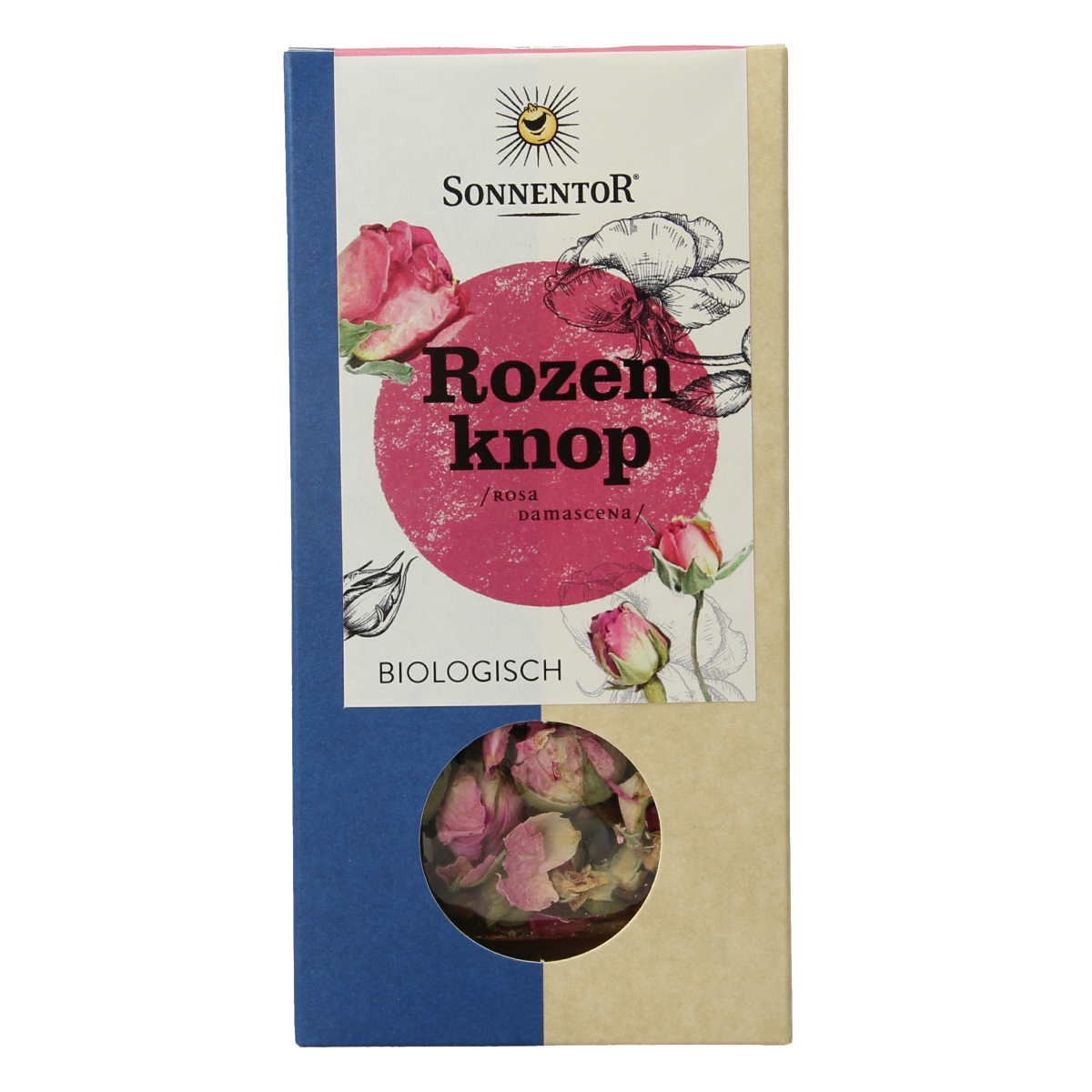 Organic Sonnentor rose tea in a 30g package, featuring dried rose petals for a fragrant herbal tea experience.