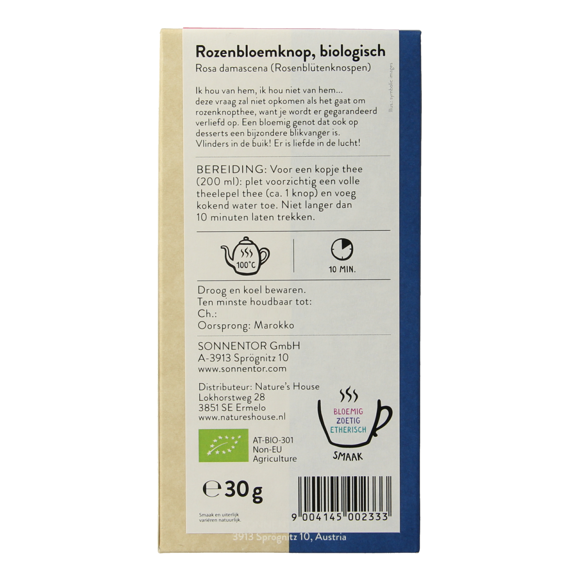 Organic rose tea by Sonnentor in a 30g package, featuring dried rose petals for a fragrant, floral herbal infusion.