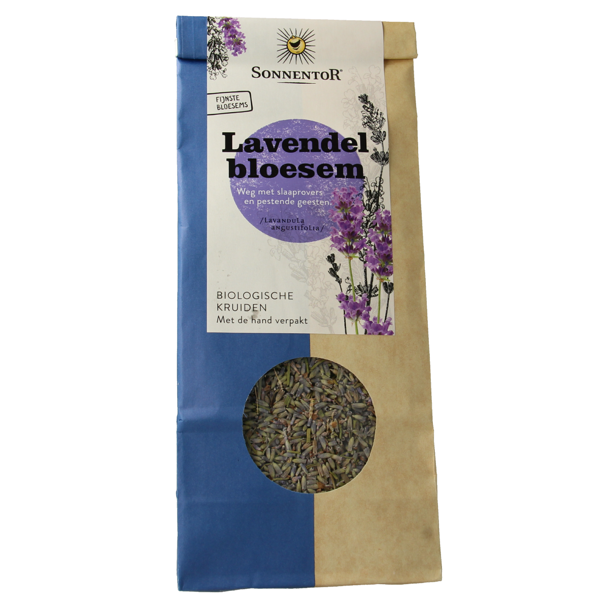 Sonnentor organic lavender blossom tea in 70g package, displaying dried lavender flowers in a clear container.
