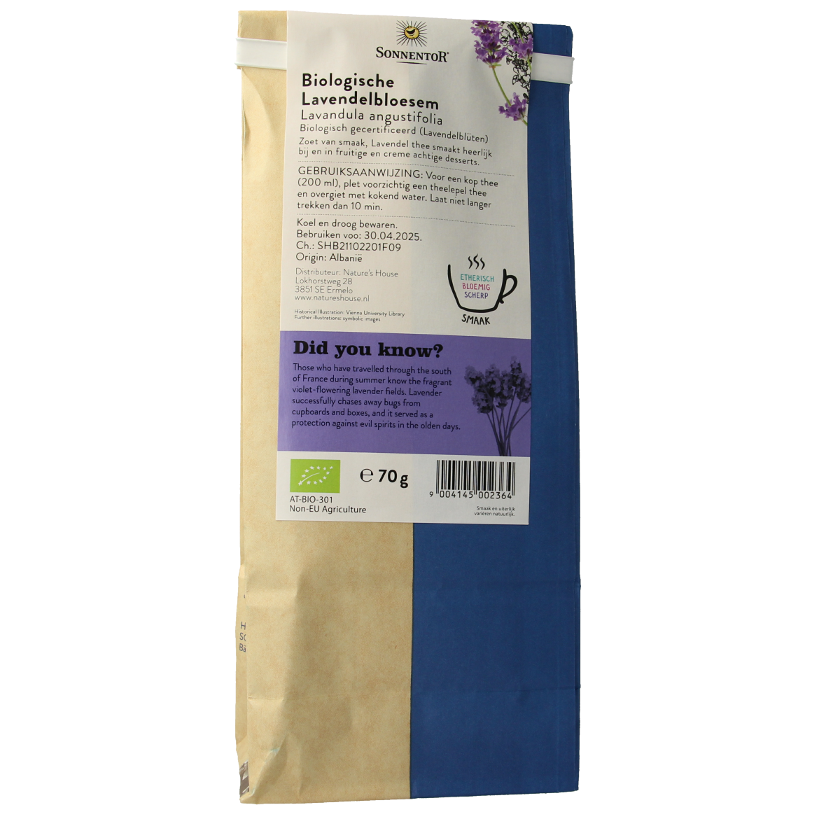 Sonnentor Lavendelbloesem bio tea in a 70g package, featuring dried lavender flowers for a calming herbal infusion.