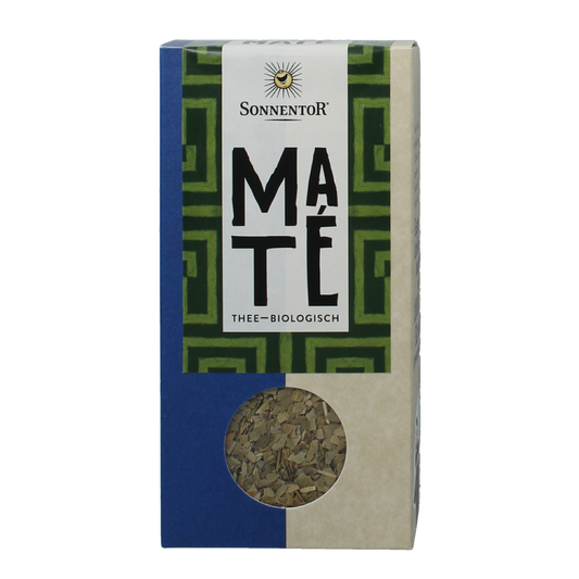 Sonnentor bio mate tea in a 90g package, featuring loose yerba mate leaves for traditional herbal infusion.