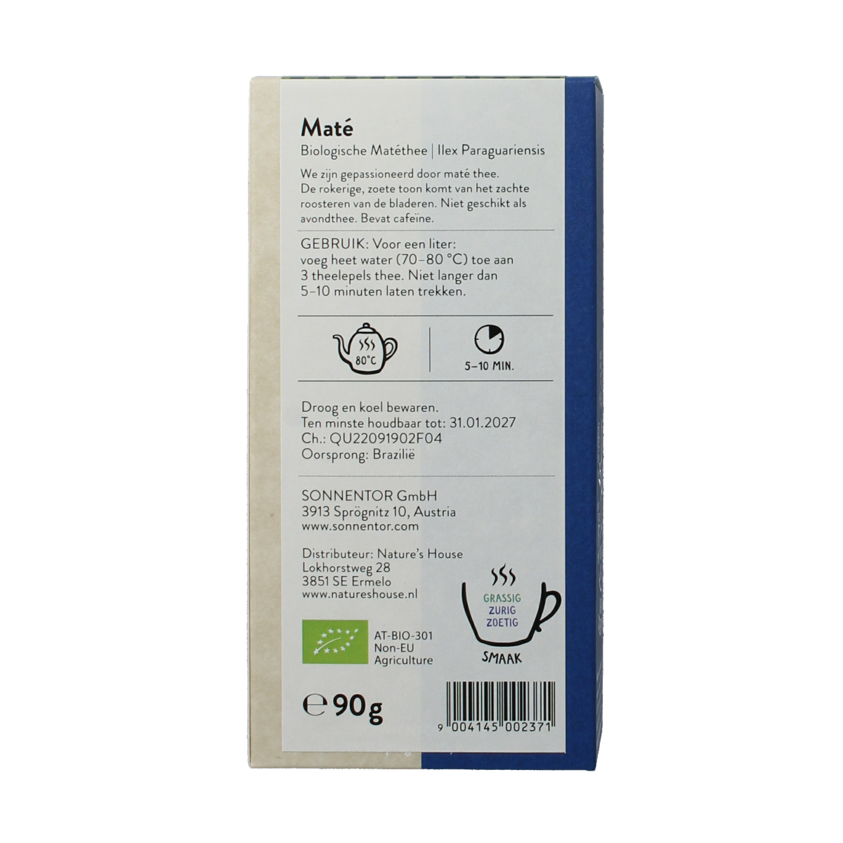 Organic Sonnentor Mate tea in 90g package, loose leaf with greenish-brown tea leaves for brewing.