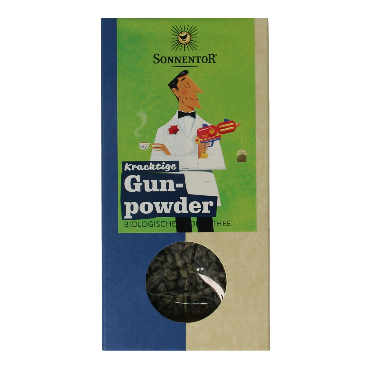 Loose Sonnentor Gunpowder green tea in a 100g package, featuring vibrant green tea leaves and natural packaging.