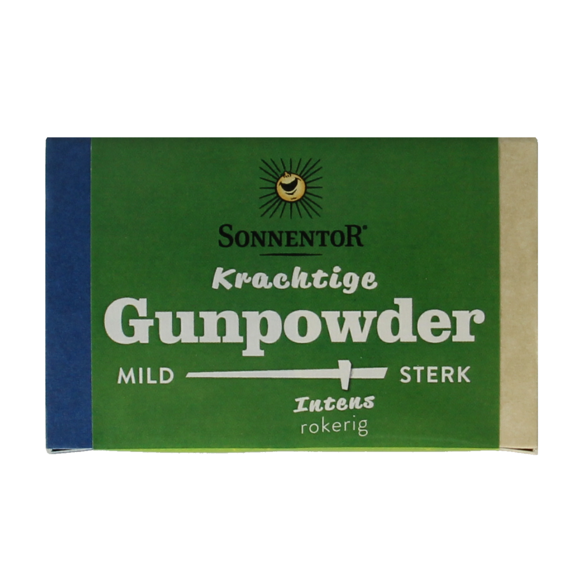 Sonnentor Gunpowder groene thee los bio in 100g package, vibrant green tea leaves for brewing.