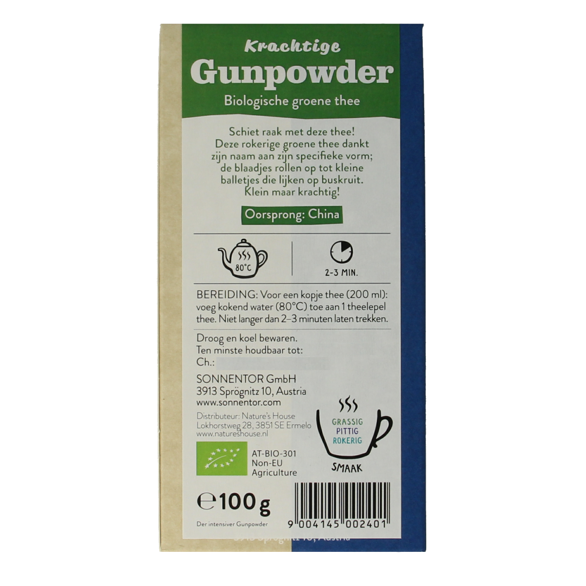 Organic Sonnentor Gunpowder green loose tea in a 100g package, showing green tea leaves in a natural setting.