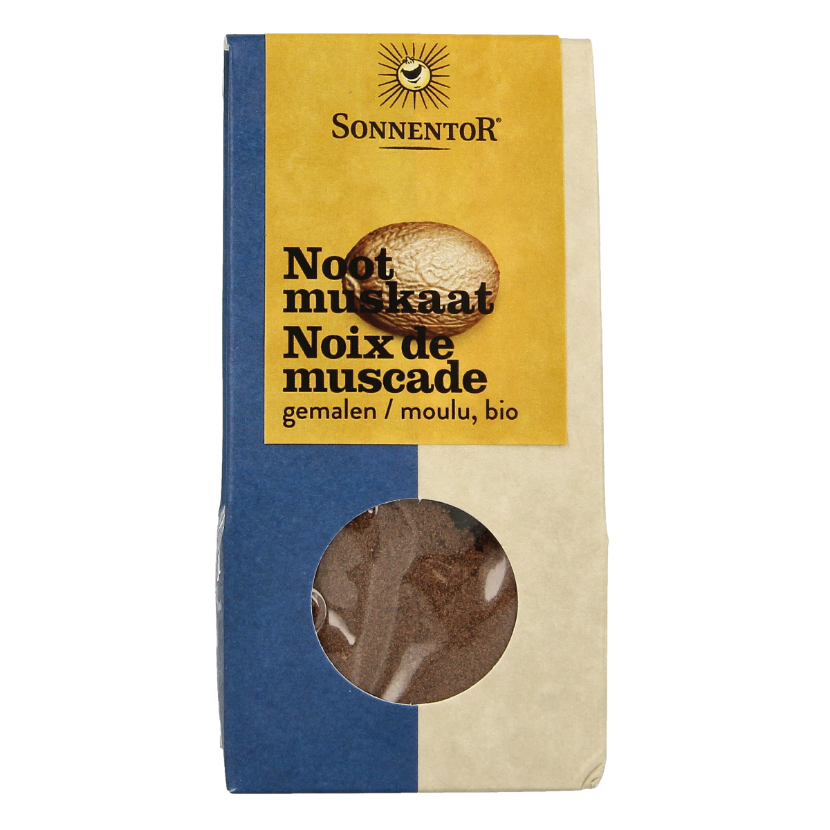 Ground organic nutmeg from Sonnentor, 30g, in a clear container, perfect for seasoning and culinary use.
