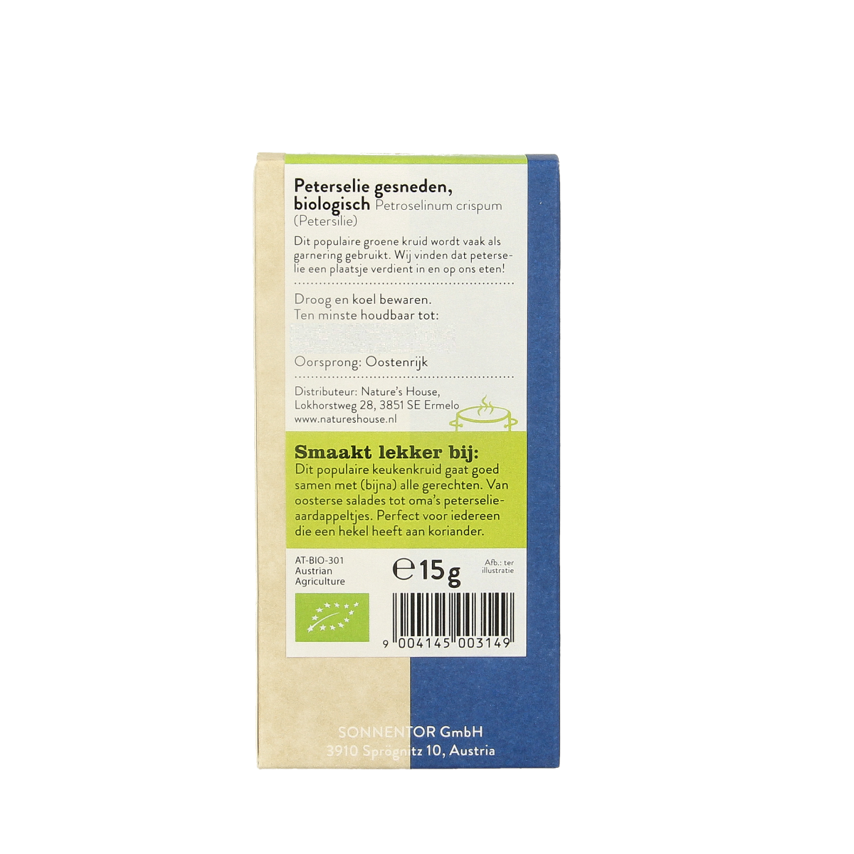 Organic Sonnentor parsley in a 15g package, fresh and vibrant, used as a flavorful herb in cooking.