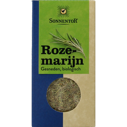 Organic Sonnentor rosemary in a 25g package, fresh dried herb for cooking and seasoning, part of kruiden, zouten en maaltijdmixen.