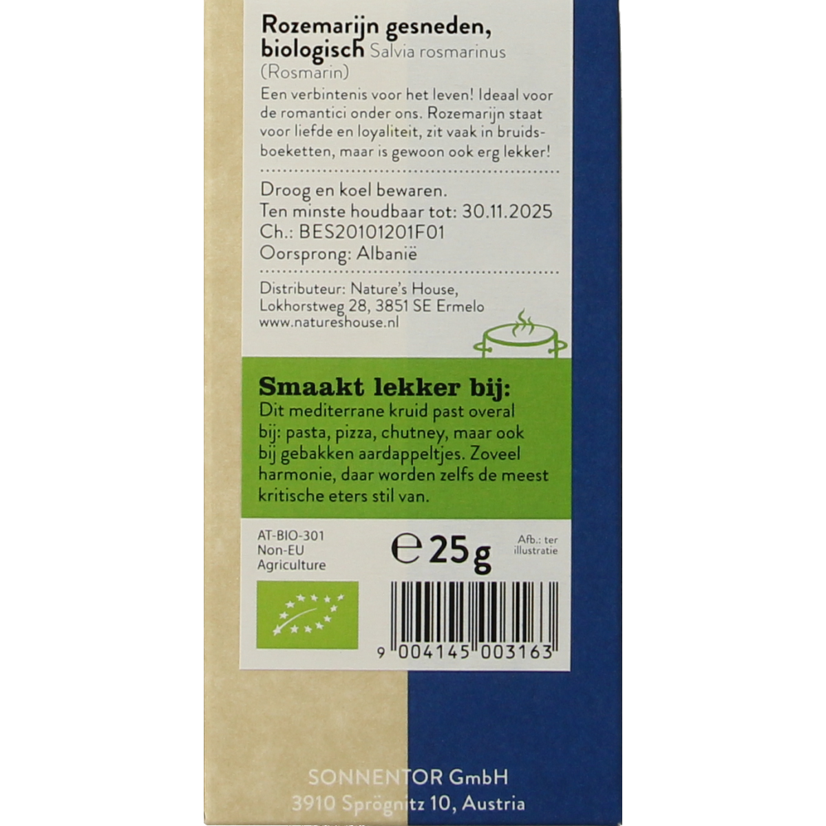 Sonnentor organic rosemary in a 25g package, fresh dried herbs for cooking and seasoning.