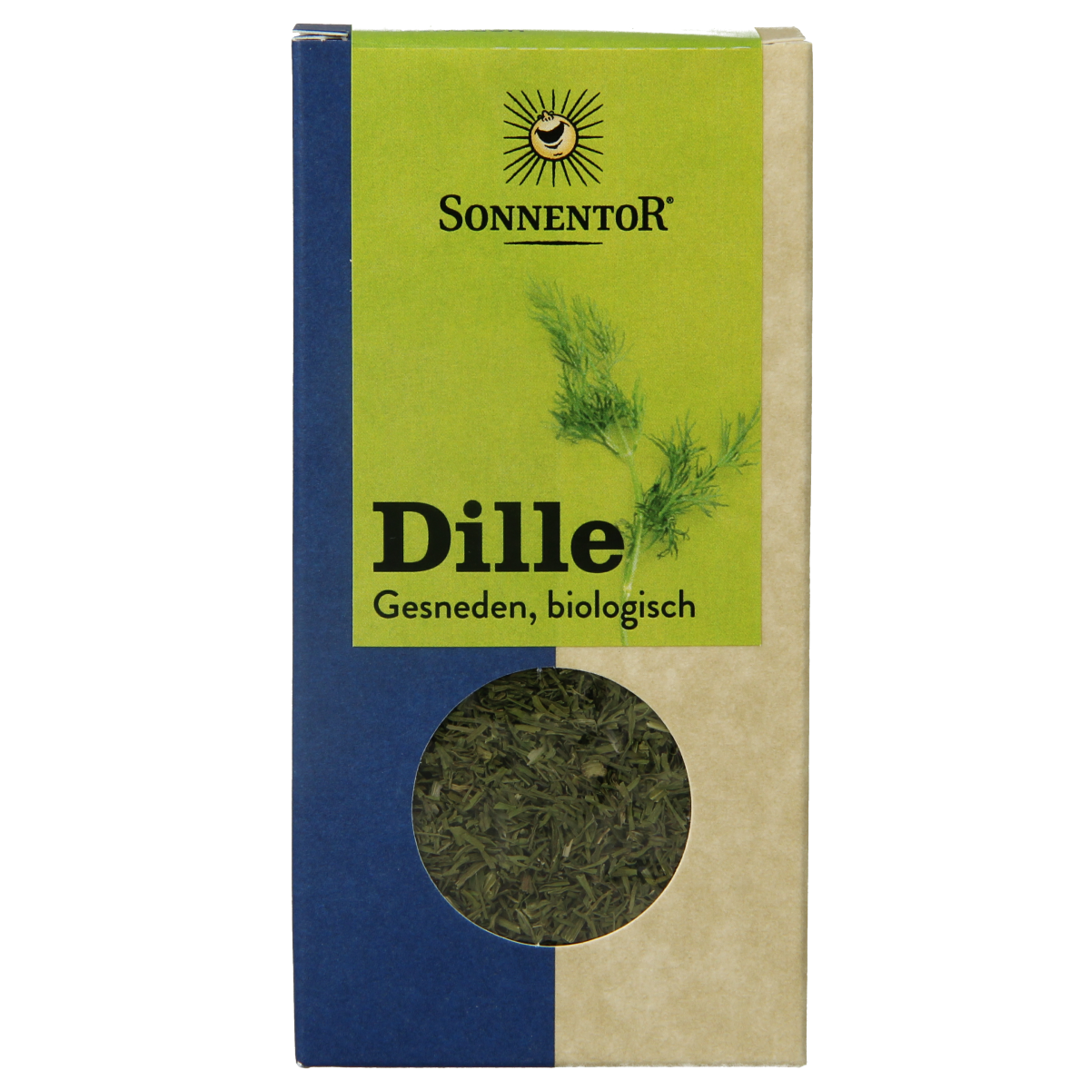 Organic Sonnentor dill herb in a 15g package, part of the kruiden, zouten en maaltijdmixen collection, shown in the image.