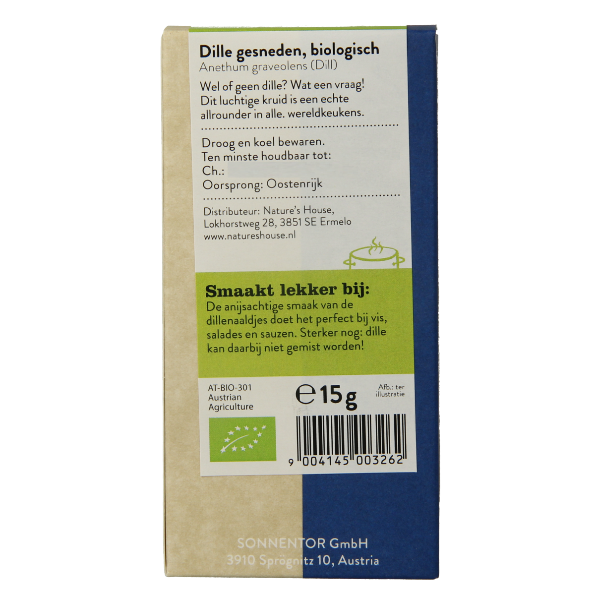Sonnentor organic dill herb in a 15g package, ideal for seasoning and cooking, from the Sonnentor kruiden, zouten en maaltijdmixen collection.
