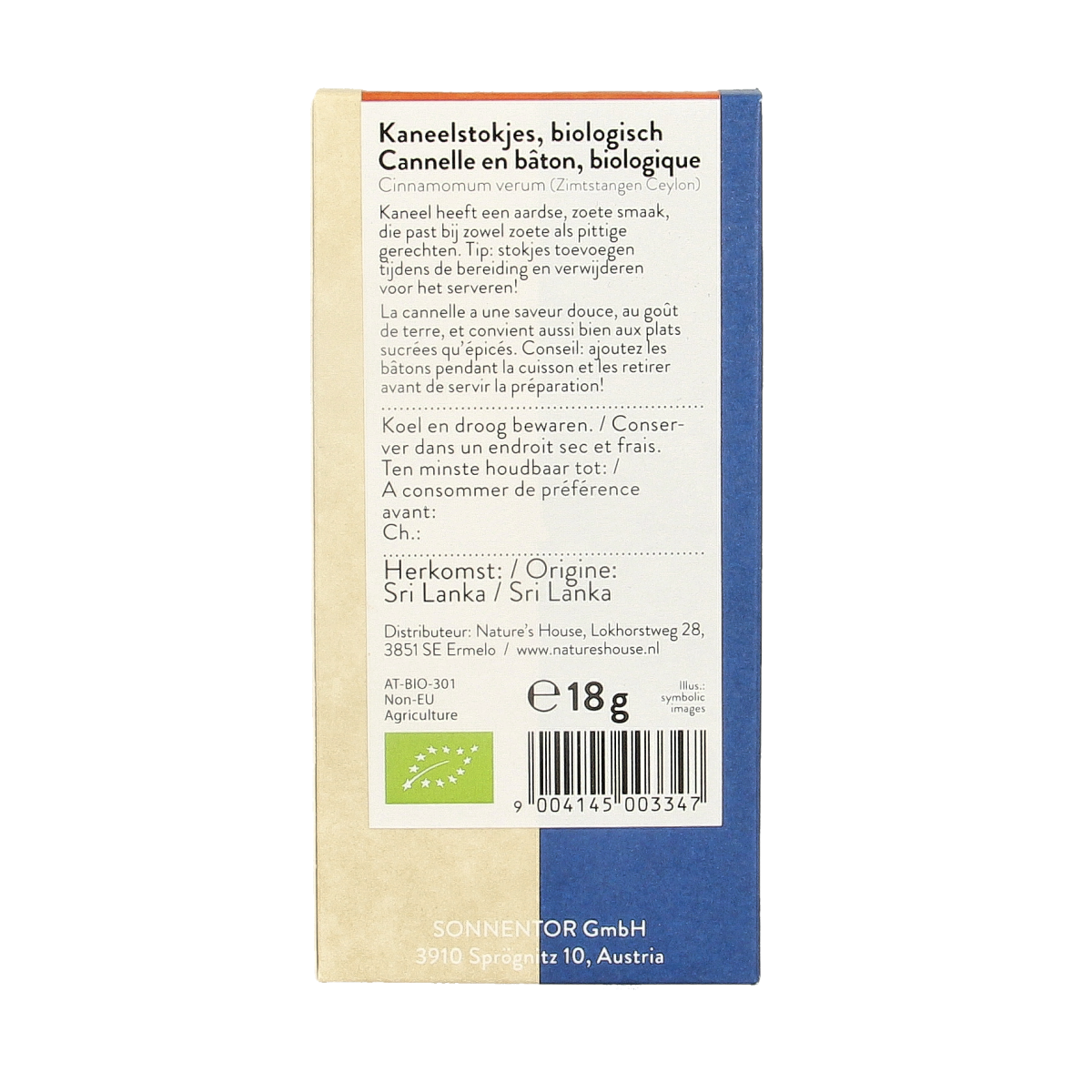Sonnentor organic cinnamon sticks in a clear container, showcasing the aromatic brown cinnamon sticks for culinary use.
