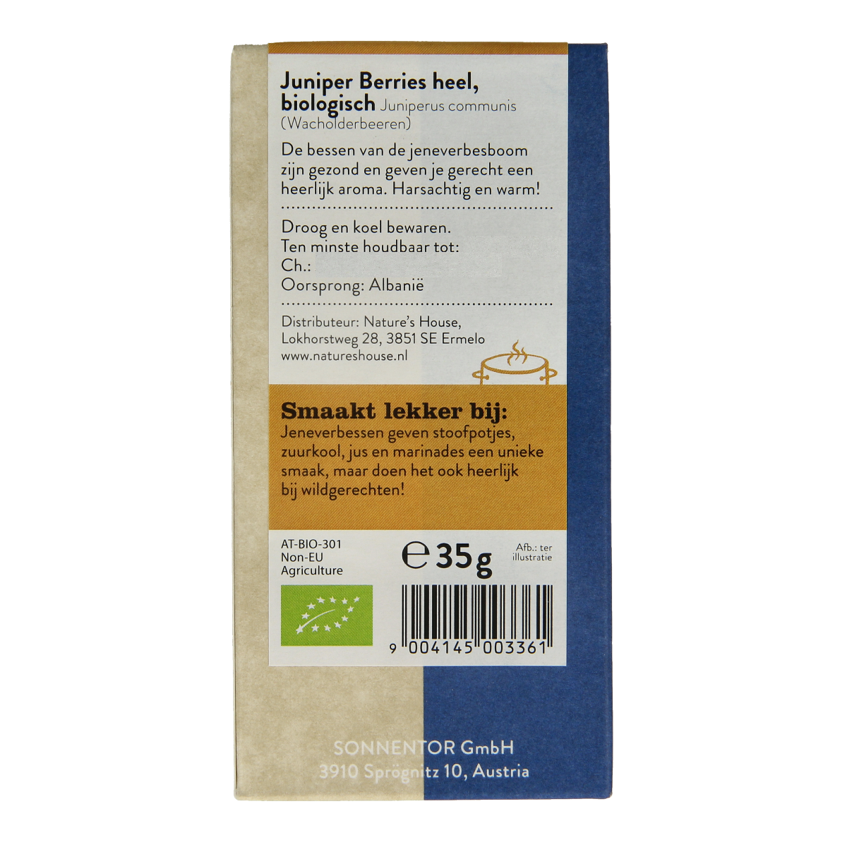 Sonnentor organic juniper berries in a 35g package, used as herbs, spices, and meal mixes for culinary and herbal purposes.