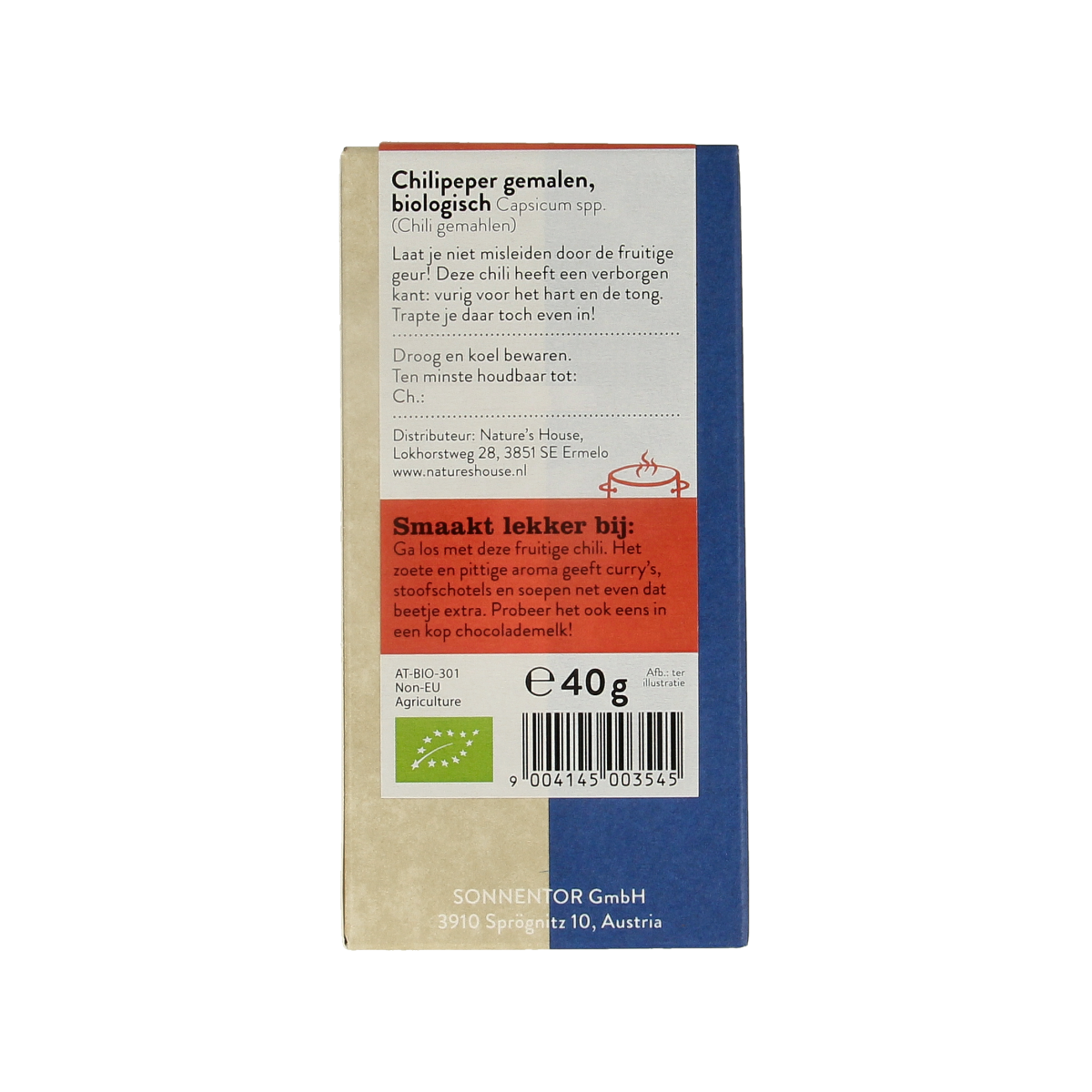 Sonnentor Chili bio, 40 grams, organic spice in a clear container, used for seasoning and adding heat to dishes.