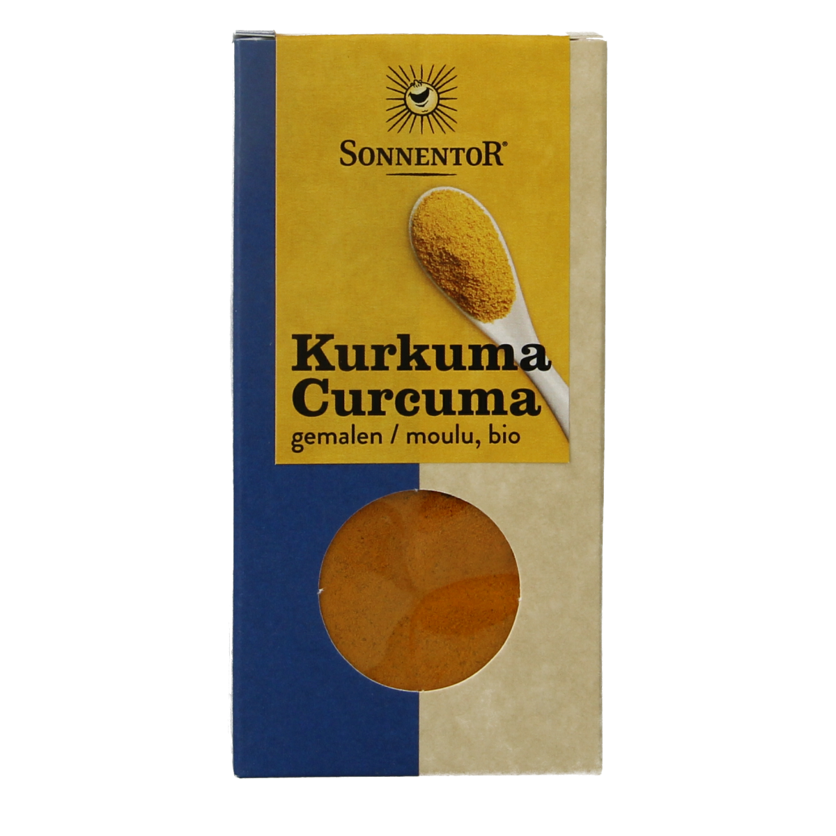 Sonnentor organic ground turmeric in 40g package, fresh yellow spice for cooking and health benefits.