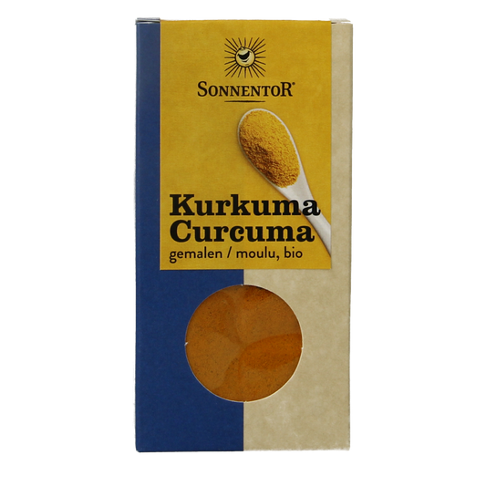 Sonnentor organic ground turmeric in 40g package, fresh yellow spice for cooking and health benefits.