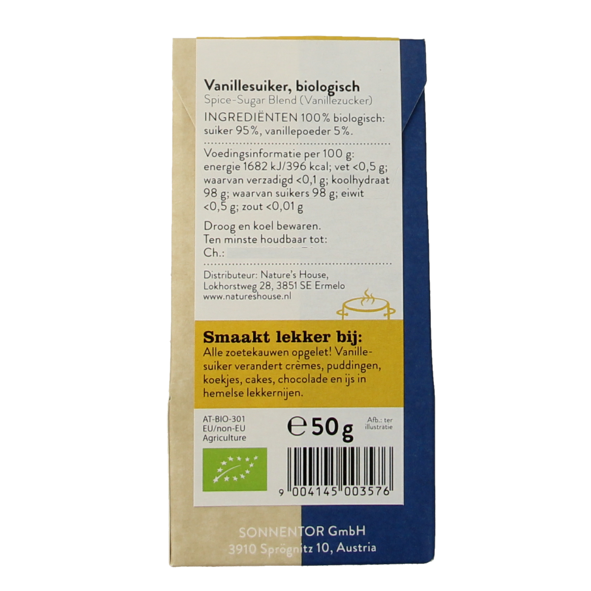 Sonnentor bio vanillin sugar in a 50g package, a natural sweetener with vanilla flavor, part of kruiden, zouten en maaltijdmixen.