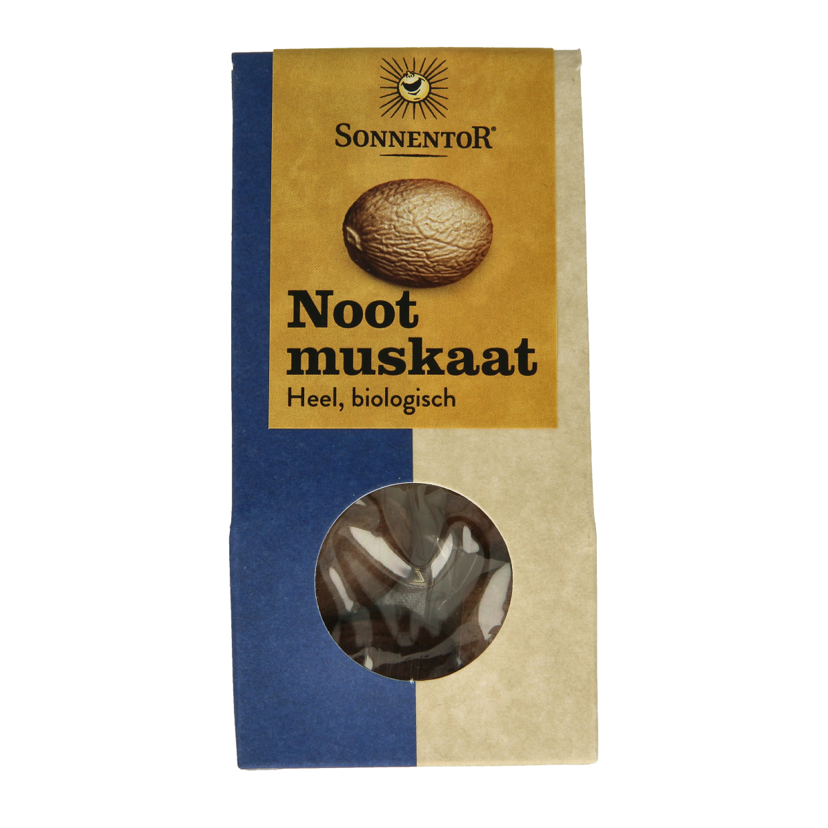 Sonnentor organic nutmeg in a 25g package, fresh whole spice for cooking and baking, from the kruiden, zouten en maaltijdmixen category.