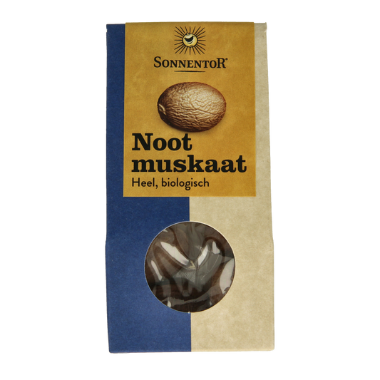 Sonnentor organic nutmeg in a 25g package, fresh whole spice for cooking and baking, from the kruiden, zouten en maaltijdmixen category.