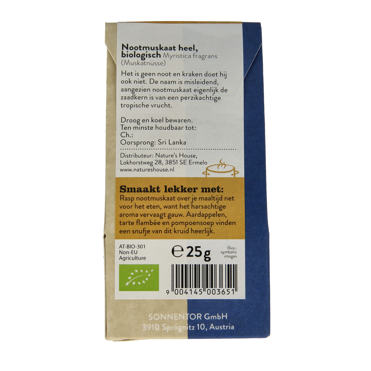 Sonnentor organic nutmeg in a 25g package, natural ground spice for cooking and baking, part of herbal and meal mix products.
