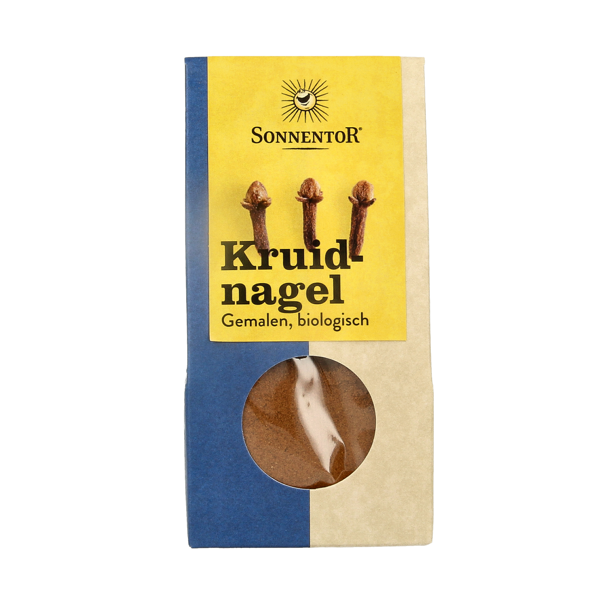 Ground organic cloves in a clear glass jar from Sonnentor, labeled as Kruiden, Zouten en Maaltijdmixen, 35 grams.
