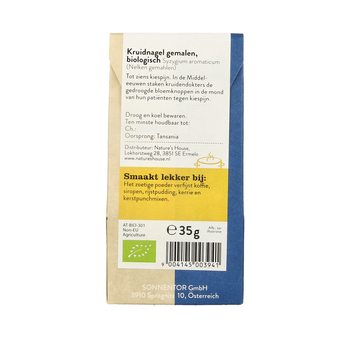 Ground organic clove from Sonnentor, 35 grams, in a clear container, showcasing the aromatic spice for cooking and baking.