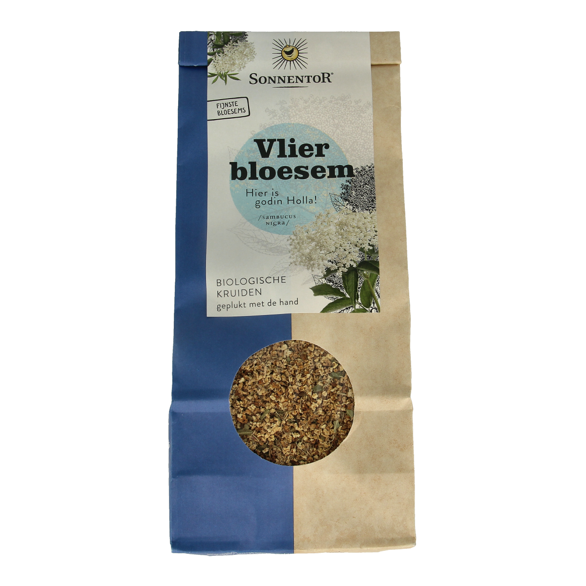 Sonnentor Vlierbloesem thee los bio in a clear package, featuring dried elderflower blossoms for herbal tea brewing.
