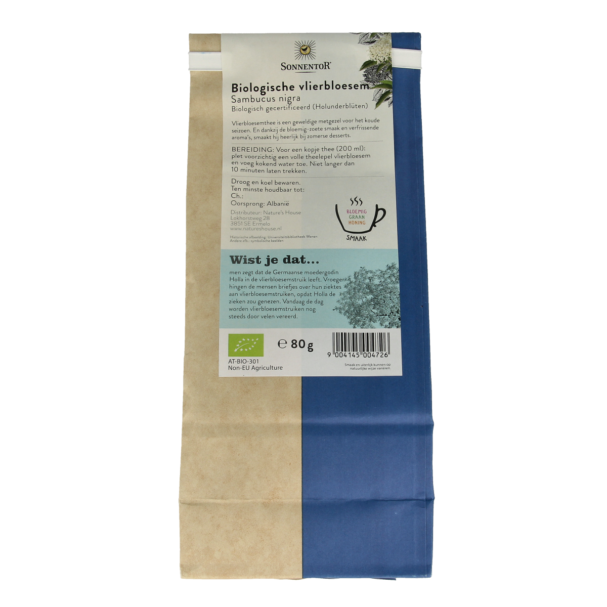 Sonnentor Vlierbloesem thee los bio in 80g package, loose organic elderflower tea with dried flower buds and leaves.
