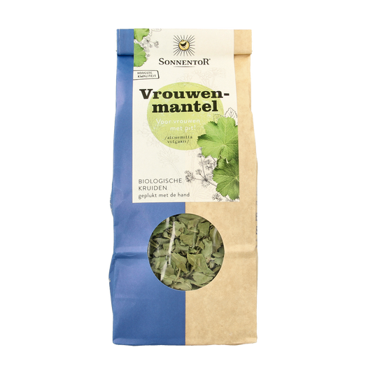 Organic Sonnentor Vrouwenmantel loose herbal tea in a 40g package, featuring dried herbs and flowers for soothing infusions.