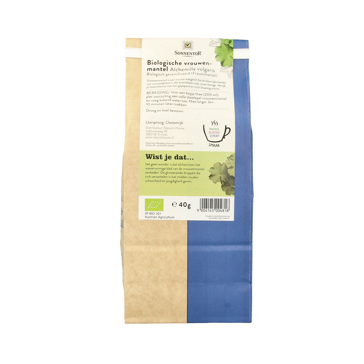 Loose Sonnentor Vrouwenmantel herbal tea in a 40g package, featuring fresh, dried leaves and flowers for a calming herbal infusion.