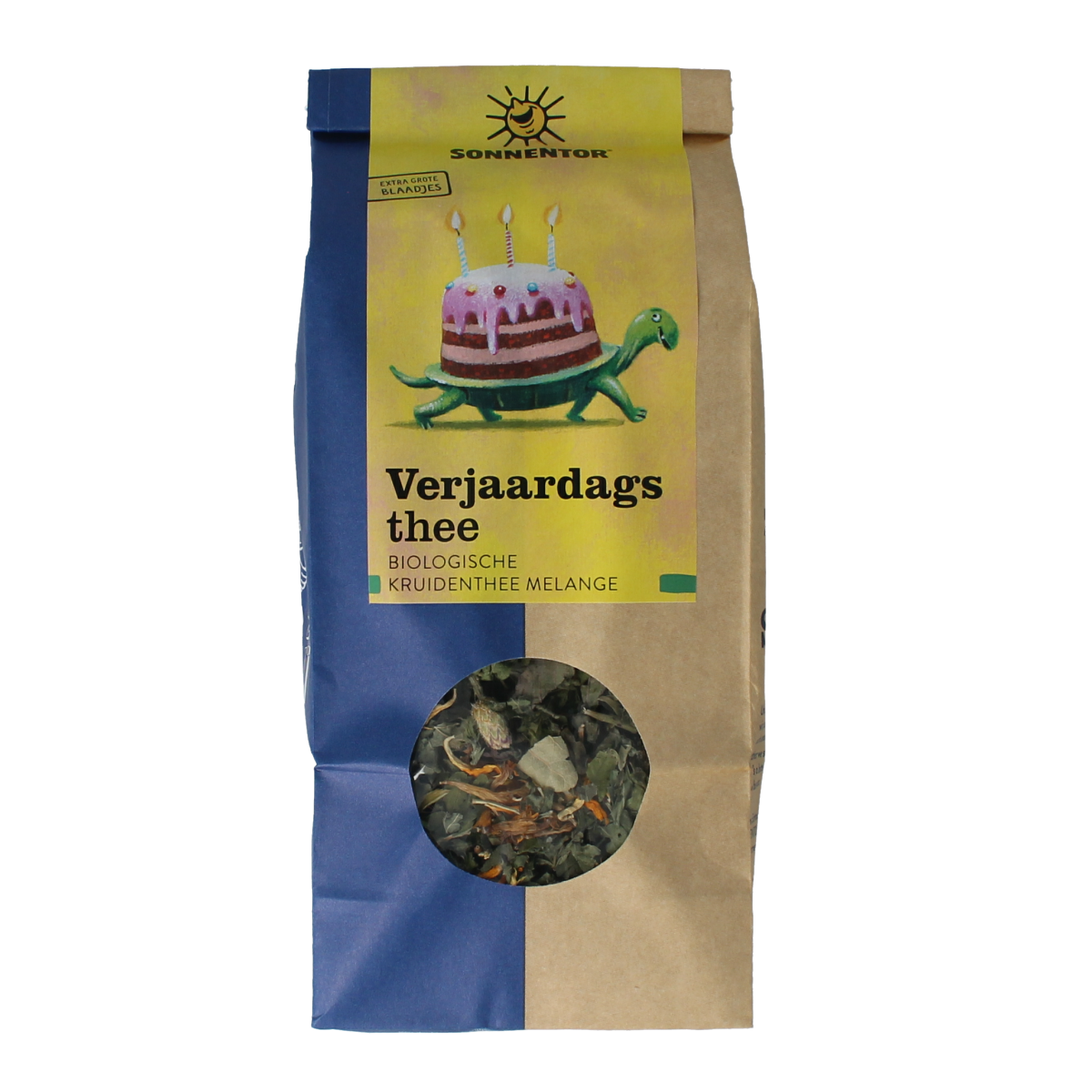 Sonnentor Verjaardagthee los bio, 50g, a loose organic birthday tea with colorful dried herbs and flowers in a clear container.