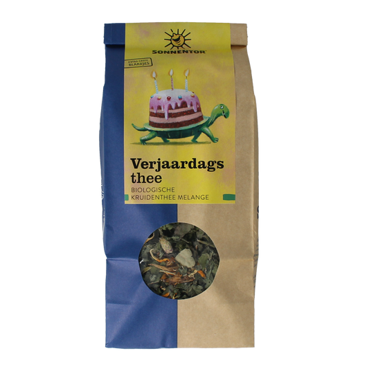 Sonnentor Verjaardagthee los bio, 50g, a loose organic birthday tea with colorful dried herbs and flowers in a clear container.