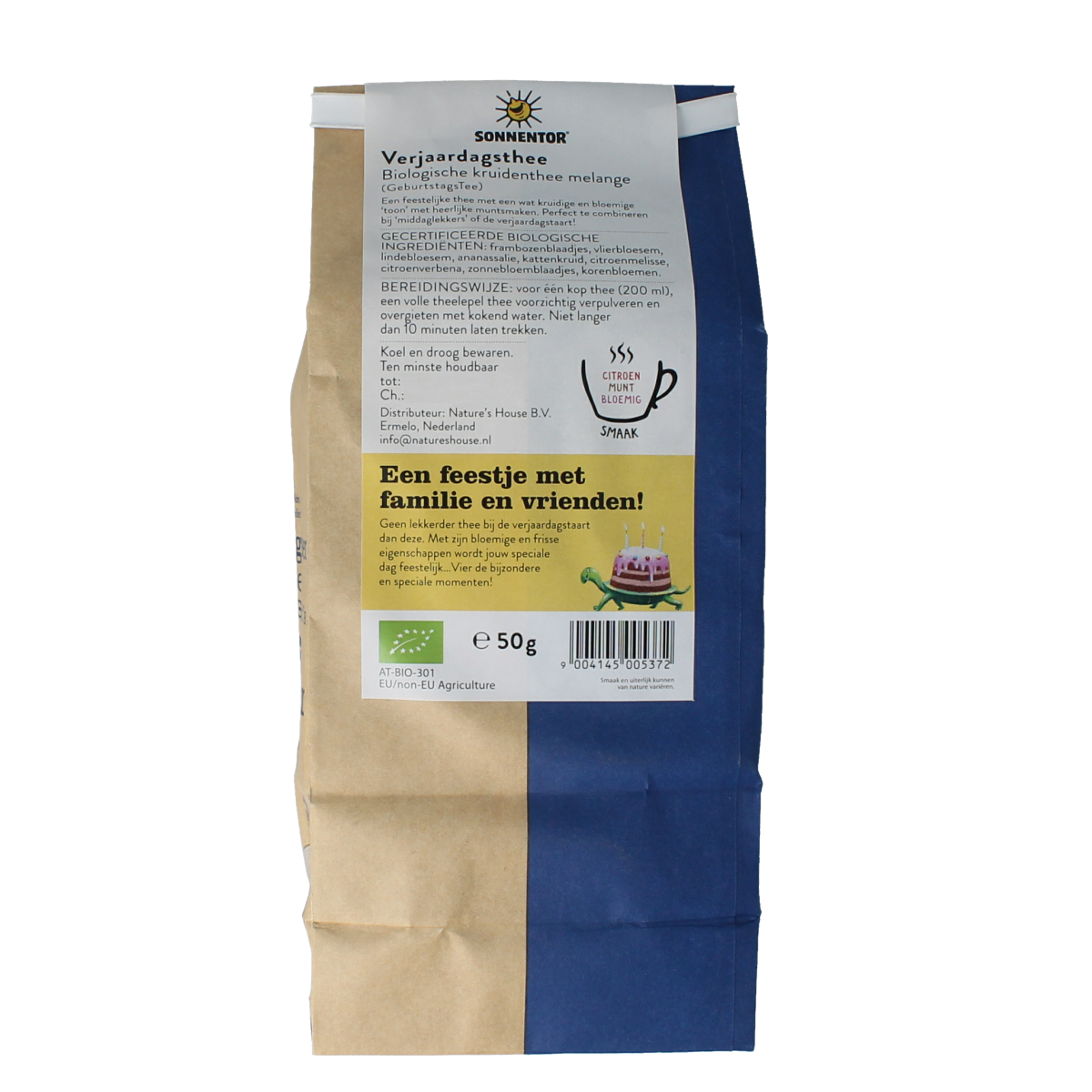 Organic Sonnentor birthday tea loose in a 50g package, featuring a blend of herbs and flowers for a flavorful tea experience.