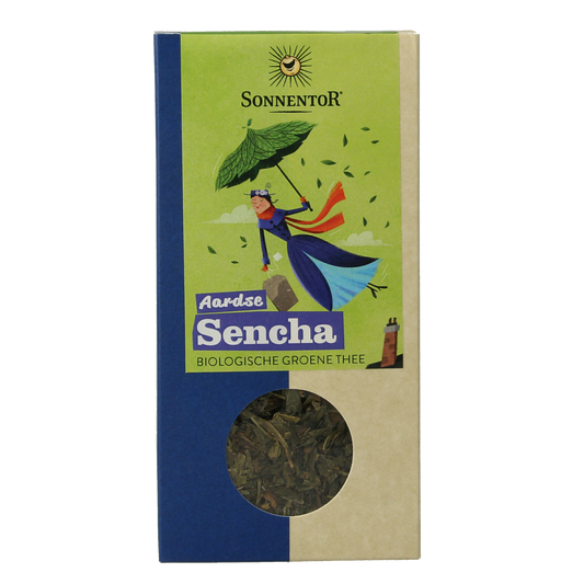 Organic Sonnentor Aardse Sencha green tea in 70g package, featuring vibrant green tea leaves and natural tea aroma.