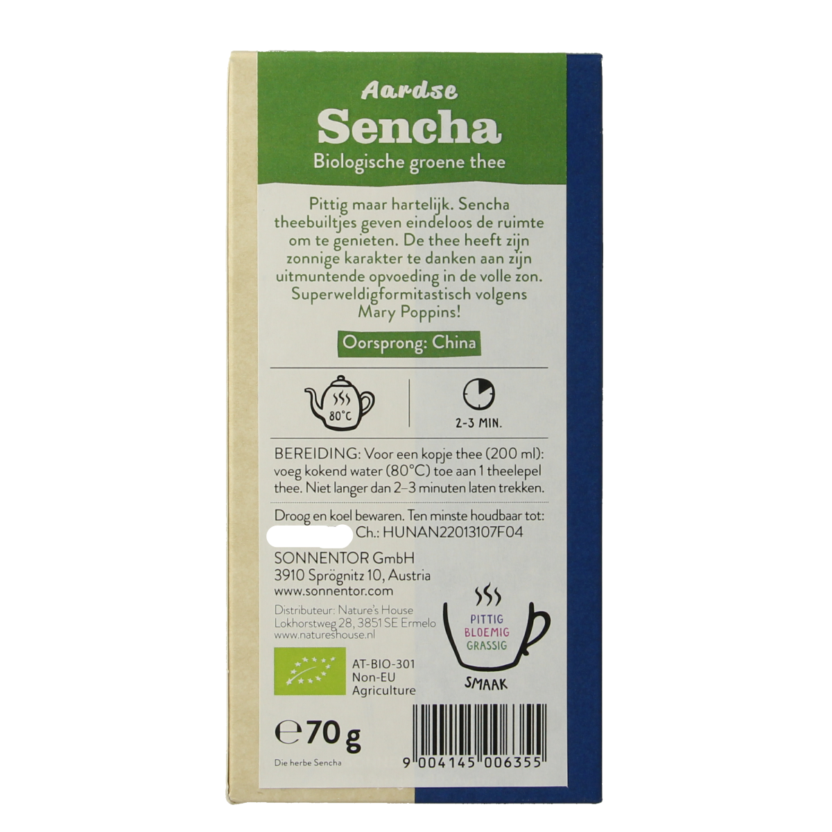 Sonnentor Aardse sencha groene thee bio in 70g package, fresh green tea leaves for brewing.