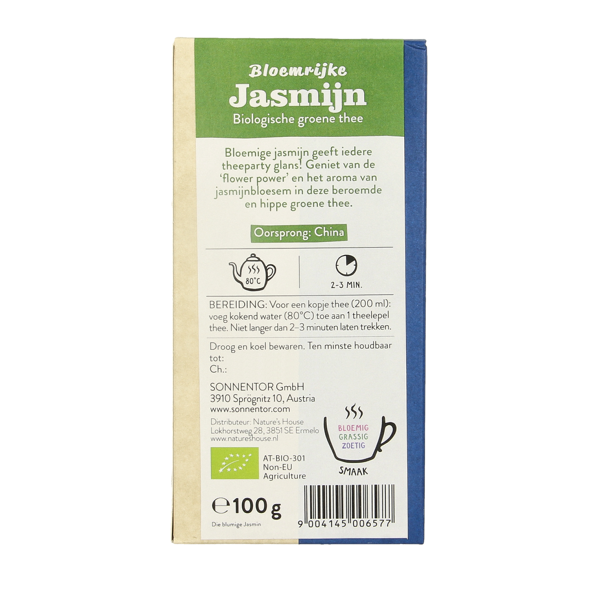 Sonnentor organic green jasmine tea leaves in a clear container, showcasing fresh, fragrant green tea with jasmine blossoms.