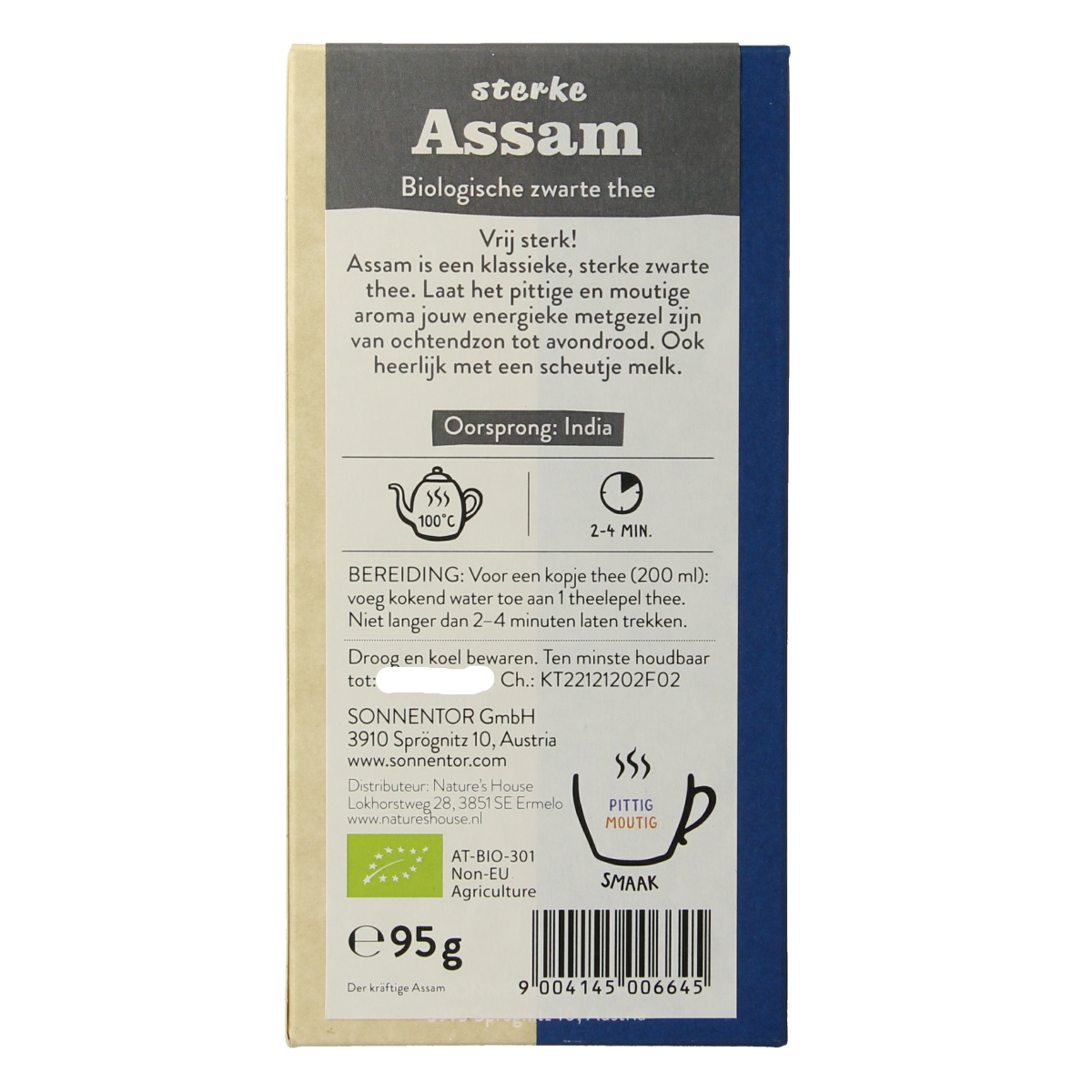 Sonnentor Engelse zwarte thee sterke Assam losse bio in 95g package, showing tea leaves and packaging.