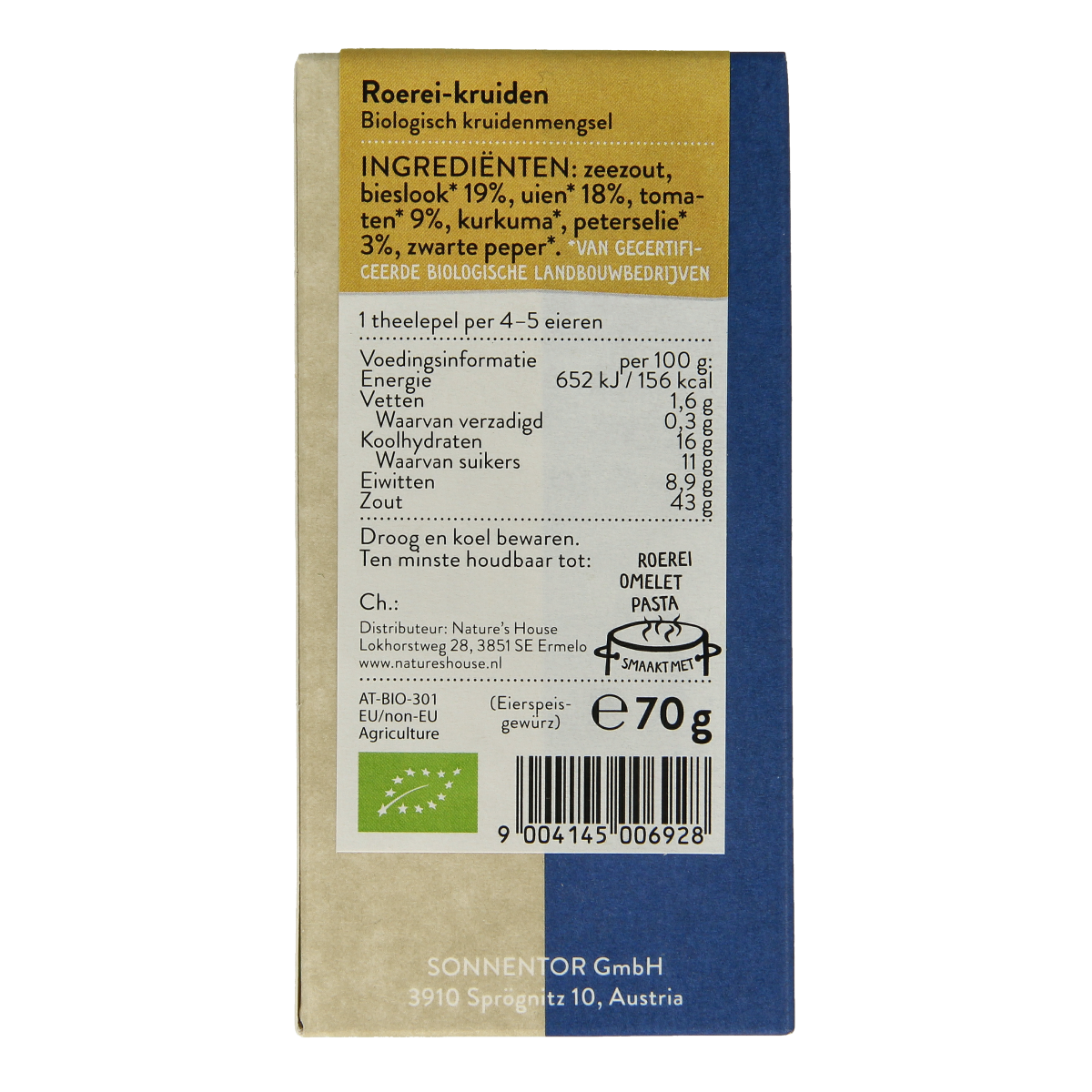 Sonnentor Roerei-kruiden bio 70g, organic herbal seasoning mix with herbs, salts, and meal spices in a clear package.