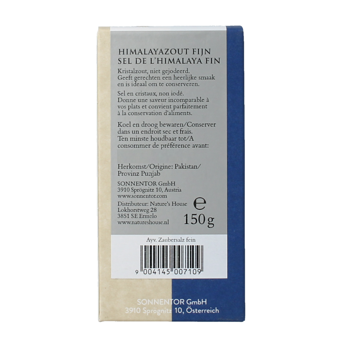 Sonnentor Himalayazout fijn bio, 150g, natural pink Himalayan salt crystals on a white background.