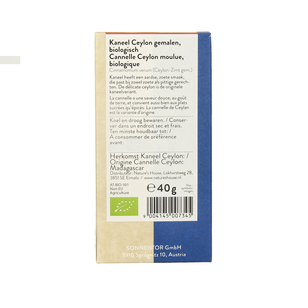 Ground Ceylon cinnamon in a 40g Sonnentor organic spice jar, part of the kruiden, zouten en maaltijdmixen product range.