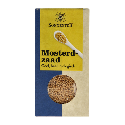 Organic Sonnentor yellow mustard seeds in a 120g package, suitable for spices, herbs, and meal preparations.