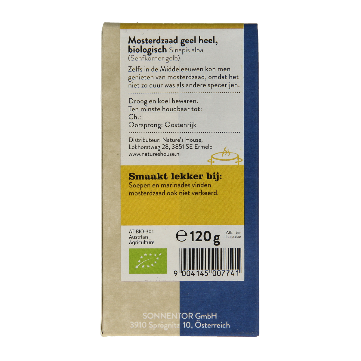 Organic Sonnentor yellow mustard seed in 120g, a natural spice used in cooking and flavoring dishes.