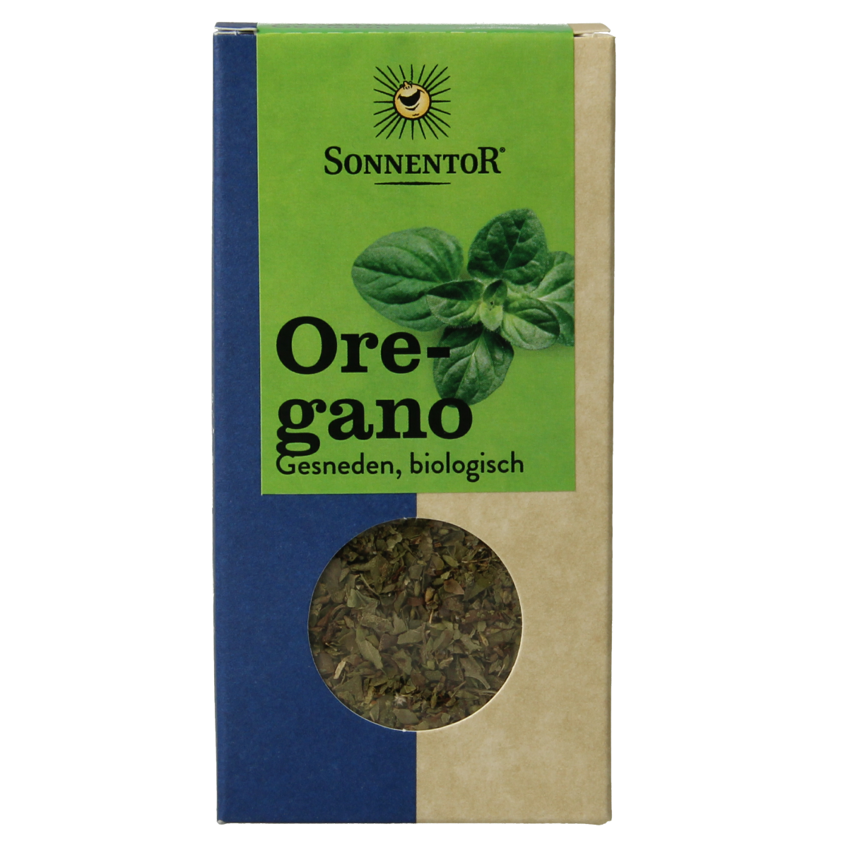 Organic Sonnentor oregano in a 18g package, fresh green dried herb for culinary use, part of kruiden, zouten en maaltijdmixen.