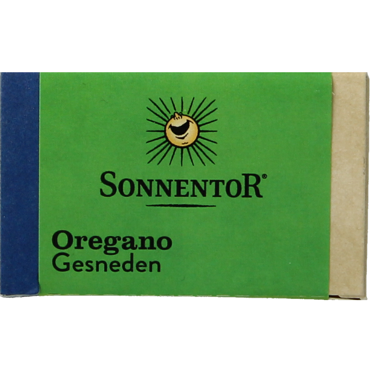 Organic Sonnentor oregano in an 18g package, fresh green dried herbs for cooking, part of the kruiden, zouten en maaltijdmixen range.