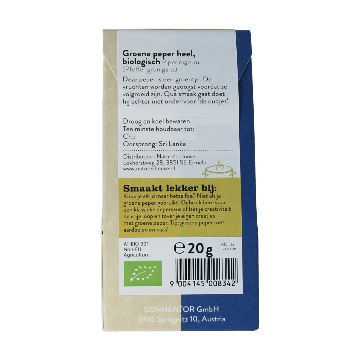 Organic green peppercorns from Sonnentor in a 20g package, fresh and whole, used as a spice or seasoning in cooking.