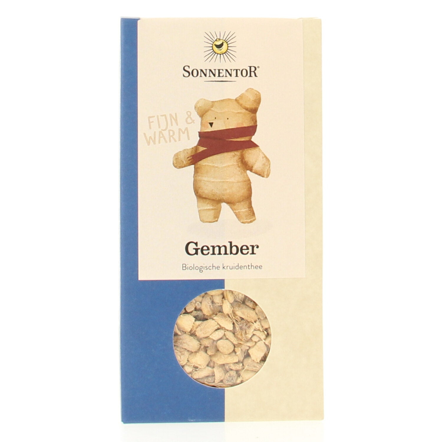 Organic Sonnentor ginger tea in a 90g pack, showcasing fresh ginger slices and tea leaves in a natural setting.
