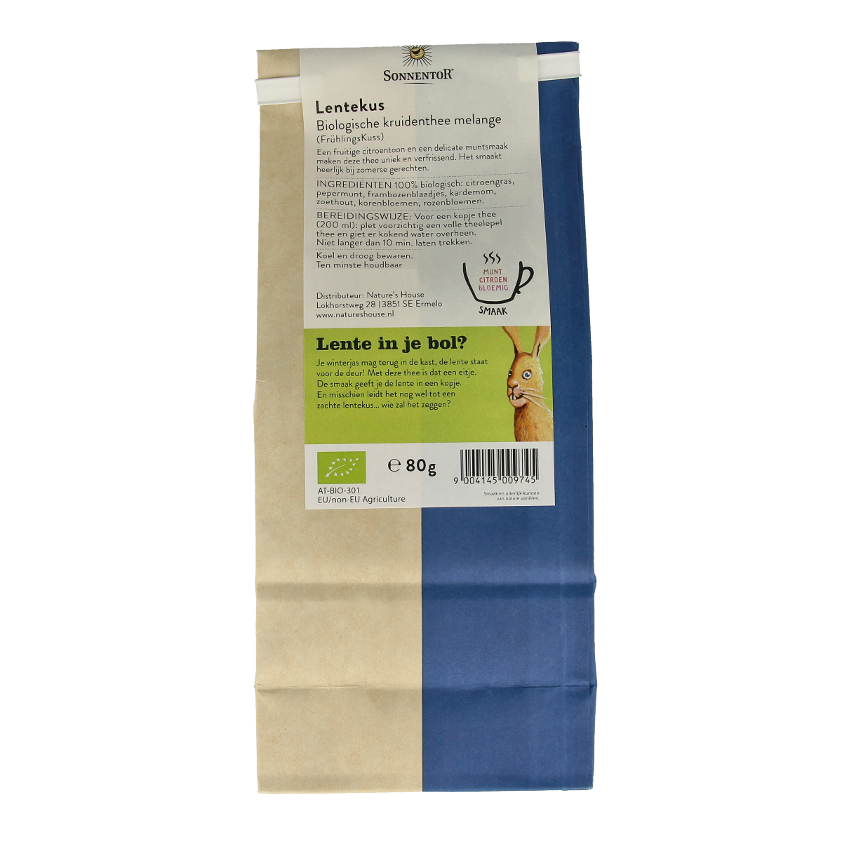 Organic Sonnentor Lentekus loose tea in a 80g package, featuring fresh, aromatic herbal tea leaves.