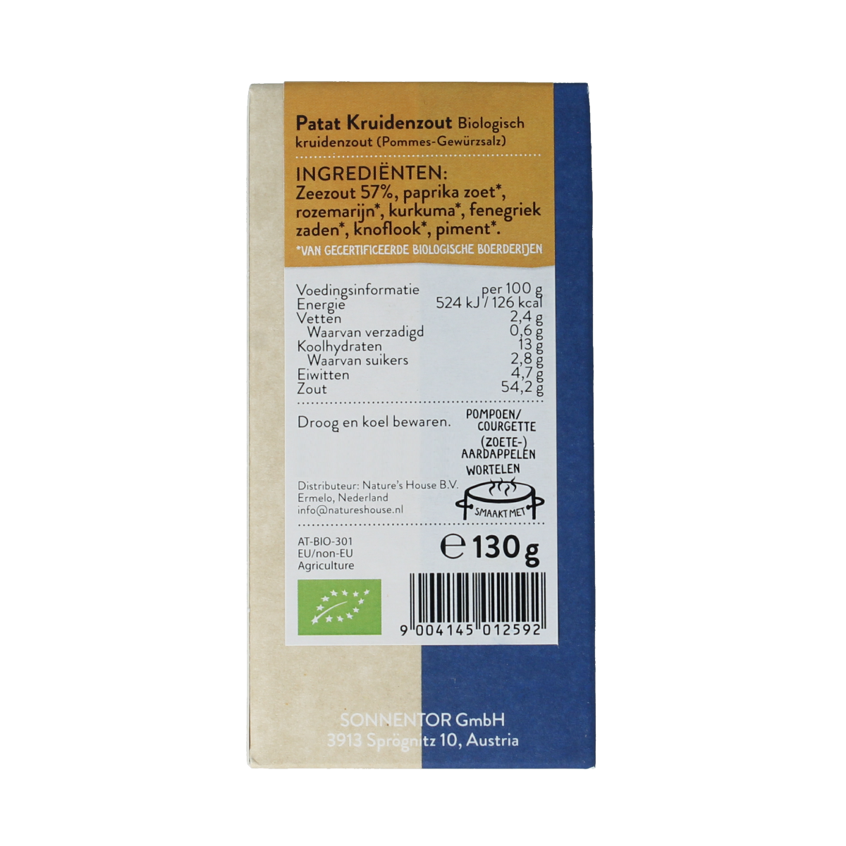 Sonnentor Patat kruidenzout bio 130g with herbs and salt, natural seasoning blend for fries and dishes.