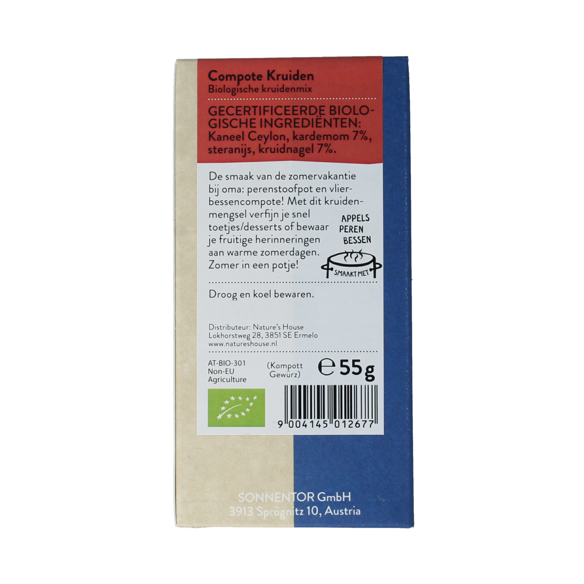 Sonnentor organic herbal compote spices in a 55g package, showcasing dried herbs and seasoning ingredients.
